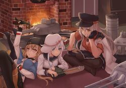  3girls aircraft airplane black_footwear black_gloves black_headwear black_pantyhose black_sailor_collar black_skirt black_thighhighs blue_eyes blue_shawl boots brown_eyes brown_hair collared_shirt commentary country_connection fingerless_gloves fur_hat gangut_(kancolle) gangut_dva_(kancolle) gloves grin hair_between_eyes hair_ornament hairclip hammer_and_sickle hat hibiki_(kancolle) highres jacket jacket_on_shoulders k_jie kantai_collection kv-2 lagg-3 long_hair low_twintails machinery military military_vehicle motor_vehicle multiple_girls orange_eyes pantyhose papakha peaked_cap pipe_in_mouth pleated_skirt red_shirt rigging sailor_collar sailor_shirt scarf shawl shirt short_sleeves skirt smile smokestack smoking_pipe symbol-only_commentary tank tashkent_(kancolle) thigh_boots thighhighs torn_clothes torn_scarf turret twintails verniy_(kancolle) white_hair white_headwear white_jacket white_scarf white_shirt 