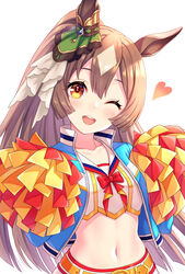  ;d animal_ears blue_jacket blush brown_eyes brown_hair cheering cheerleader commentary_request cosplay crop_top ear_ornament female hair_between_eyes head_tilt heart highres holding holding_pom_poms horse_ears horse_girl jacket long_hair long_sleeves looking_at_viewer midriff multicolored_hair navel nice_nature_(run&amp;win)_(umamusume) nice_nature_(umamusume) nice_nature_(umamusume)_(cosplay) one_eye_closed open_clothes open_jacket open_mouth pom_pom_(cheerleading) ponytail red_eyes round_teeth satono_diamond_(umamusume) simple_background smile solo teeth tomo_(tmtm_mf_mf) two-tone_hair umamusume upper_body upper_teeth_only very_long_hair white_background white_hair 