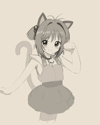  :3 animal_ears blush_stickers cardcaptor_sakura cat_ears cat_tail commentary cowboy_shot crumbles dress english_commentary female grey_background greyscale hair_bobbles hair_ornament highres kemonomimi_mode kinomoto_sakura looking_at_viewer medium_hair monochrome paw_pose simple_background smile solo standing tail tail_raised two_side_up 