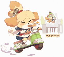  alternate_costume animal_crossing bag body_fur city_tripper commentary_request dog_girl female furry furry_female isabelle_(animal_crossing) late_for_school mario_(series) mario_kart mario_kart_8 motor_vehicle rikose school_uniform scooter tail translated 