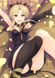  :d armpits asymmetrical_legwear asymmetrical_sleeves between_breasts black_leotard black_panties black_sleeves black_thighhighs blonde_hair bow breasts brown_bow brown_eyes cleavage cloak detached_collar detached_sleeves earrings ereshkigal_(fate) falling_petals fate/grand_order fate_(series) female floating_hair hair_between_eyes hair_intakes hairbow highres incoming_hug infinity_symbol jewelry k3rd knees_together_feet_apart leotard long_hair long_sleeves looking_at_viewer lying on_back open_mouth orange_eyes outstretched_arms panties parted_bangs petals reaching reaching_towards_viewer red_cloak single_detached_sleeve single_thighhigh skull_ornament small_breasts smile solo strap strapless strapless_leotard thighhighs tiara tsurime two-sided_cloak two-sided_fabric underwear yellow_cloak 