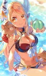  animal_on_shoulder bikini black_bikini blonde_hair blush boar breasts chachi_(azuzu) cleavage closed_mouth dark-skinned_female dark_skin draph female flower food fruit granblue_fantasy hair_flower hair_ornament horns kumbhira_(granblue_fantasy) kumbhira_(summer)_(granblue_fantasy) large_breasts long_hair official_alternate_costume outdoors partially_submerged sitting smile solo strap_slip swimsuit water watermelon wet yellow_eyes 