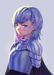  armor blue_eyes breasts copyright_request female grey_background hair_ornament looking_at_viewer medium_hair nzz plate_armor simple_background small_breasts solo upper_body white_hair x_hair_ornament 