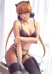  absurdres alisa_southerncross animal_ears arm_under_breasts bad_id bad_pixiv_id black_bra black_hairband black_panties black_thighhighs bra breasts cat_ears cleavage closed_mouth collarbone commentary_request dated english_commentary fake_animal_ears female garter_belt hair_between_eyes hair_bobbles hair_ornament hairband hand_on_own_arm highres jinlin keroro_gunsou long_hair looking_at_viewer low_twintails medium_breasts mixed-language_commentary navel orange_hair panties red_eyes signature sitting solo thighhighs twintails underwear underwear_only 