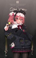  beret black_hat black_jacket black_pantyhose bow bowtie brown_eyes candy character_name commission female food girls&#039;_frontline hair_between_eyes hair_bobbles hair_ornament hand_in_pocket hat headphones highres holding holding_candy holding_food holding_lollipop jacket lollipop long_sleeves mouth_hold mp7_(girls&#039;_frontline) nail_polish off_shoulder one_side_up pantyhose pink_bow pink_bowtie pleated_skirt shirt skeb_commission skirt solo soukou_makura sparkle white_shirt 