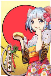  bell blue_eyes blue_hair blunt_bangs bob_cut cheese cheese_wheel chinese_zodiac commentary_request eyelashes female floral_print food hair_bell hair_intakes hair_ornament highres japanese_clothes jingle_bell kanzashi kimono licking_lips looking_at_viewer mari0ball mouse_(animal) mouse_girl mouse_tail new_year obi original red_sun sash shide solo straw_(stalk) tail tongue tongue_out year_of_the_rat yellow_background yellow_eyes 