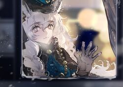  :3 animal_ears arknights capelet curtains female fur grey_eyes hair_between_eyes looking_at_viewer official_alternate_costume pale_skin pramanix_(arknights) pramanix_(caster&#039;s_frost)_(arknights) ryuuzaki_ichi snowing solo thick_eyebrows wavy_hair white_hair window 