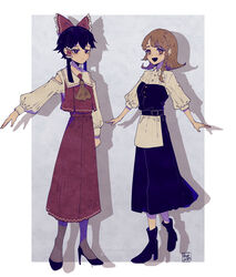  2girls adapted_costume androgynous ascot black_dress black_footwear black_hair blonde_hair border bow breasts brown_ascot dress flat_chest frilled_dress frills hair_tubes hairbow hakurei_reimu high_heels highres juliet_sleeves kirisame_marisa long_sleeves medium_hair multiple_girls nontraditional_miko puffy_sleeves red_bow red_eyes red_shirt red_skirt serious shirt short_hair sidelocks skirt skirt_set small_breasts smile sokura_(mochichitose) touhou white_border yellow_eyes 