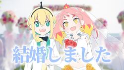  2girls :d amano_pikamee bare_shoulders black_bow black_bowtie black_hairband blonde_hair blue_flower blue_rose blurry blurry_background bow bowtie bridal_veil bride bright_pupils brown_vest depth_of_field elbow_gloves eyebrows_hidden_by_hair fangs flower formal gloves green_eyes green_hair groom gyari_(imagesdawn) hair_between_eyes hairband highres hikasa_tomoshika hikasa_tomoshika_(artist) jacket leaning_to_the_side midriff multicolored_hair multiple_girls navel official_art open_mouth orange_eyes red_flower red_hair red_rose rose sharp_teeth shirt skirt sleeveless sleeveless_shirt smile striped_clothes striped_vest suit teeth thick_eyebrows translation_request two-tone_hair veil vertical-striped_clothes vertical-striped_vest vest virtual_youtuber voms wedding white_gloves white_jacket white_pupils white_shirt white_skirt yellow_flower yellow_rose yuri 