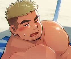  1boy bara beach blonde_hair blush bright_pupils brown_eyes cropped earrings facial_hair goatee_stubble half-closed_eyes jewelry large_pectorals male_focus mature_male muscular muscular_male nipples nude original outdoors paid_reward_available pectorals raised_eyebrow short_hair sideburns solo stubble suv_(suv032) sweatdrop thick_eyebrows undercut upper_body wavy_mouth 