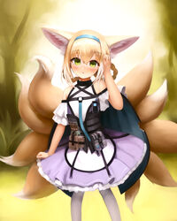  animal_ears arknights blonde_hair blue_hairband blush braid braided_hair_rings closed_mouth commentary crumbles dress english_commentary female fox_ears fox_tail green_eyes hair_between_eyes hair_rings hairband hand_up highres looking_at_viewer multiple_tails off-shoulder_dress off_shoulder outdoors pantyhose pouch purple_dress short_sleeves solo standing suzuran_(arknights) tail twin_braids white_pantyhose 