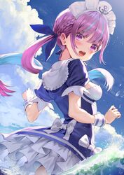  athenawyrm blue_hair blush breasts cloud colored_inner_hair drill_hair female hair_ribbon highres hololive long_hair looking_at_viewer looking_back maid_headdress minato_aqua minato_aqua_(1st_costume) multicolored_hair open_mouth outdoors purple_eyes purple_hair ribbon solo twin_drills two-tone_hair virtual_youtuber 