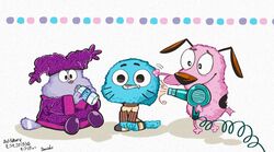  3boys cartoon_network chowder_(character) chowder_(series) commentary_request courage_(character) courage_the_cowardly_dog crossover danishi gumball_watterson multiple_boys multiple_crossover the_amazing_world_of_gumball 