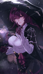  absurdres black_jacket black_shorts black_umbrella breasts chest_harness collared_shirt eyewear_on_head female gloves hair_between_eyes hal_aluha harness high-waist_shorts highres holding holding_umbrella honkai:_star_rail honkai_(series) index_finger_raised jacket kafka_(honkai:_star_rail) long_hair long_sleeves looking_at_viewer medium_breasts pantyhose pantyhose_under_shorts purple_eyes purple_gloves purple_hair rain round_eyewear shirt shorts smile solo spider_web_print sunglasses umbrella white_shirt 