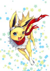  3_fingers 3_toes absurd_res blue_eyes cute_fangs eeveelution eyewear eyewear_on_head feet feral fingers fur generation_1_pokemon goggles goggles_on_head happy hi_res jolteon male nintendo oko-san open_mouth pokemon pokemon_(species) scarf shrike_alvaron simple_background solo toes white_body white_fur yellow_body yellow_fur 