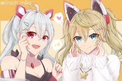  2girls ahoge aqua_eyes blonde_hair breasts cleavage gene_(pso2) grey_hair highres kirsch_miko large_breasts matoi_(pso2) multiple_girls open_mouth phantasy_star phantasy_star_online_2 red_eyes smile sweater twintails 