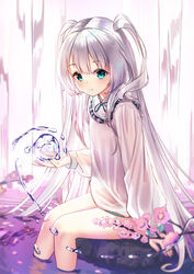  aqua_eyes arm_support closed_mouth commentary_request dress female flower grey_hair hair_between_eyes highres hydrokinesis long_hair long_sleeves original puffy_long_sleeves puffy_sleeves purple_flower sitting sleeves_past_wrists smile soaking_feet solo straight_hair two_side_up very_long_hair water waterfall white_dress yan_(nicknikg) 