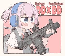  absurdres ar-15 blue_eyes blush bocchi-ya-nawi closed_mouth daniel_defense_ddm4 ear_protection female fingerless_gloves gloves grey_gloves grey_vest gun hair_ribbon headphones highres holding holding_gun holding_weapon kantai_collection neck_ribbon pink_hair ponytail red_ribbon ribbon rifle rigging shiranui_(kancolle) shirt solo trijicon_rmr upper_body vest weapon white_shirt 