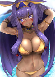  armlet armpits bikini blush bracer breasts cleavage collarbone commentary cowboy_shot dark-skinned_female dark_skin facial_mark fate/grand_order fate_(series) female gold_bikini hair_lift highres large_breasts long_hair navel nitocris_(fate) open_mouth purple_eyes purple_hair sidelocks smile solo string_bikini swimsuit untue very_long_hair water wet yellow_bikini 