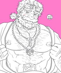  1boy abs bara bare_pectorals bead_necklace beads bear_necklace beard blush body_hair chest_hair clothes_pull commentary_request crystal_necklace emoji eyewear_on_head facial_hair hairy highres infinity_tattoo japanese_clothes jewelry kimono large_pectorals looking_to_the_side low_ponytail m_cwfe male_focus mature_male medium_hair moustache multiple_necklaces muscular muscular_male necklace nipples old old_man open_clothes open_kimono pectorals pink_background simple_background solo sunglasses thick_eyebrows thick_mustache tianzun_(housamo) tokyo_afterschool_summoners tongue tongue_out upper_body 