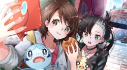  2girls asymmetrical_bangs black_choker black_hair black_jacket blush brown_eyes brown_hair cardigan choker commentary_request day dress food gloria_(pokemon) green_eyes green_headwear grey_cardigan haggy hair_ribbon hat holding holding_food holding_pokemon jacket marnie_(pokemon) morpeko morpeko_(full) multiple_girls open_clothes open_mouth outdoors pink_dress pokemon pokemon_(creature) pokemon_swsh red_ribbon ribbon rotom rotom_phone short_hair smile sobble tam_o&#039;_shanter teeth tongue twintails upper_teeth_only yuri 