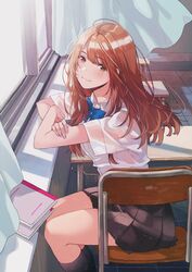  black_skirt black_socks blue_neckwear blush brown_eyes chair chikan_saresou_ni_natteiru_s-kyuu_bishoujo_wo_tasuketara_tonari_no_seki_no_osananajimi_datta classroom closed_mouth cover_image crossed_arms curtains desk female fly_(marguerite) fushimi_hina_(s-kyuu_osananajimi) highres indoors long_hair looking_at_viewer miniskirt novel_illustration official_art on_chair pleated_skirt red_hair school_chair school_desk school_uniform see-through shirt short_sleeves sitting sitting_sideways skirt smile socks solo straight_hair textbook thighs tile_floor tiles white_shirt wind window windowsill 