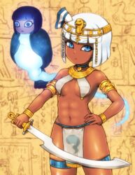  :&lt; abs alternate_skin_color alternate_weapon ankh armlet bare_shoulders blue_eyes blunt_bangs bracelet breasts commentary cowboy_shot dark-skinned_female dark_skin diadem egyptian female hand_on_own_hip hitodama_print jewelry khopesh konpaku_youmu konpaku_youmu_(ghost) loincloth looking_at_viewer mural navel pelvic_curtain shirosato short_hair slit_pupils small_breasts solo stomach sword touhou uraeus usekh_collar weapon white_hair 