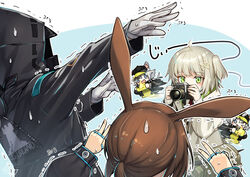  1other 3girls ahoge ambiguous_gender amiya_(arknights) animal_ears arknights baseball_cap black_headwear black_jacket blue_eyes brown_hair camera cellphone click_(arknights) doctor_(arknights) double_v gloves green_eyes grey_hair hair_ornament hat holding holding_camera holding_phone hood hood_up hooded_jacket jacket jewelry long_hair long_sleeves mitake_eil mouse_ears mouse_girl multiple_girls multiple_rings one_side_up open_mouth phone pose rabbit_ears rabbit_girl rhodes_island_logo_(arknights) ring scene_(arknights) short_hair smartphone smile sweatdrop taking_picture thumb_ring trembling v white_gloves white_jacket 