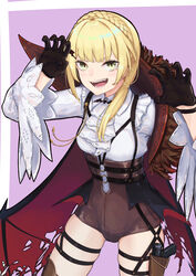  absurdres alternate_costume ascot bat_hair_ornament bat_ornament bat_wings black_gloves blonde_hair bolt_action braid cape commentary_request corset cowboy_shot fangs female french_braid frills fur-trimmed_cape fur_trim girls&#039;_frontline gloves grin gun hair_ornament hair_over_shoulder halloween_costume handgun hands_up harness highres holster lace-trimmed_sleeves lace_trim looking_at_viewer mari0ball purple_background red_lining simple_background smile solo thigh_holster thigh_strap weapon welrod welrod_mkii_(girls&#039;_frontline) wings 