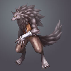  1boy animal_ear_fluff animal_ears animal_feet animal_hands animal_nose bare_shoulders barefoot black_fur body_fur brown_pants claws clenched_teeth commentary feet fluffy full_body furry furry_male gradient_background grey_background looking_at_viewer male_focus oerba_yun_fang open_clothes open_vest orange_vest original pants sharp_teeth simple_background snout solo standing tail teeth tsuji vambraces vest werewolf wolf_boy wolf_ears wolf_tail yellow_eyes 