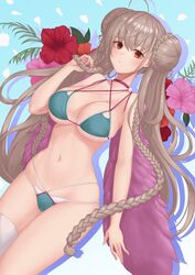  ahoge azur_lane baeg_mi bare_shoulders bikini braid breasts brown_hair cleavage closed_mouth curvy double_bun female flower formidable_(azur_lane) formidable_(the_lady_of_the_beach)_(azur_lane) groin hair_between_eyes hair_bun halterneck hand_in_own_hair heart highres large_breasts long_hair looking_to_the_side lying midriff navel official_alternate_costume on_back plump red_eyes shadow single_thighhigh solo string_bikini swimsuit thighhighs thighs underboob 