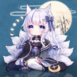  animal_ears bad_id bad_pixiv_id bamboo black_kimono blue_background blue_bow blue_eyes blue_hair blush bow breasts chibi cleavage closed_mouth commentary_request copyright_request crescent egasumi female fox_ears fox_girl fox_tail full_body full_moon hair_ornament hairbow hairclip hand_up japanese_clothes juliet_sleeves kimono kitsune kyuubi long_sleeves medium_breasts moon moon_phases multicolored_hair multiple_tails puffy_sleeves reflection sitting solo streaked_hair tail thighhighs translated virtual_youtuber white_hair white_thighhighs wide_sleeves yokozuwari yorica 