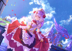  absurdres blue_sky blurry blurry_background braid cathedral closed_eyes cloud commentary cowboy_shot crown_braid depth_of_field detached_sleeves female flower frilled_skirt frills genshin_impact gold_trim hair_ornament hat highres legs_together noelle_(genshin_impact) outdoors pantyhose red_flower red_ribbon red_rose red_skirt ribbon ribbon-trimmed_sleeves ribbon_trim rose short_hair skirt skirt_hold sky smile solo statue town white_hair white_hat white_pantyhose white_sleeves you_cao_xi 