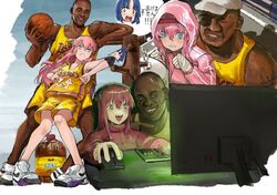  2boys agemasen!_(meme) ball bandaged_hand bandages basketball basketball_(object) basketball_jersey basketball_player basketball_uniform blue_eyes blue_hair bocchi_the_rock! character_request commentary_request computer_keyboard computer_mouse crossover dark-skinned_male dark_skin drink elbow_pads eyepatch female gotoh_hitori hair_between_eyes highres holding_computer_mouse hood hood_up hooded_jacket hooded_track_jacket jacket knees_together_feet_apart kobe_bryant looking_at_screen los_angeles_lakers megalo_box meme monitor multiple_boys multiple_views national_basketball_association open_mouth parody partial_commentary pink_hair pink_jacket shorts sportswear teeth track_jacket translated umamusume upper_teeth_only very_dark_skin white_headwear yamada_ryo yamatori yellow_shorts 