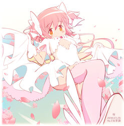  2018 beige_background blue_sky blush_stickers breasts chauke cherry_blossoms cleavage_cutout closed_mouth clothing_cutout commentary_request dated dot_nose double_exposure dress female flower from_below gloves gradient_background hair_between_eyes hair_ribbon happy highres kaname_madoka long_dress looking_at_viewer mahou_shoujo_madoka_magica mahou_shoujo_madoka_magica_(anime) petals pink_flower pink_hair pink_theme pink_thighhighs ribbon shoe_soles simple_background skirt_hold sky small_breasts smile solo stepping tareme thighhighs ultimate_madoka underboob vignetting white_background white_dress white_footwear white_gloves white_ribbon wide_sleeves winged_footwear yellow_eyes zettai_ryouiki 