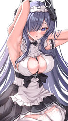  absurdres apron armpits arms_up august_von_parseval_(azur_lane) august_von_parseval_(the_conquered_unhulde)_(azur_lane) azur_lane between_breasts black_horns breasts clothing_cutout curled_horns female garter_straps grey_hair hair_over_one_eye highres horns kuon_(kuon) lace-trimmed_legwear lace_trim long_hair maid maid_headdress official_alternate_costume one_eye_covered purple_eyes strap_between_breasts thighhighs white_apron white_thighhighs 