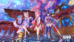  3girls absurdres animal_ears bare_legs bare_shoulders blue_footwear blue_hair blue_sleeves blunt_bangs bow-shaped_hair braid breasts cherry_blossoms cherry_tree commentary copyright_name detached_sleeves earrings finger_to_mouth fox_ears frilled_sleeves frills full_body genshin_impact gloves glowing glowing_sword glowing_weapon gold_trim half_gloves hand_up highres holding holding_sword holding_weapon japanese_clothes jellyfish jewelry kimono large_breasts leg_up legs long_hair looking_at_viewer low-braided_long_hair low-tied_long_hair multicolored_hair multiple_girls musou_isshin_(genshin_impact) obi obon okobo outdoors outstretched_arm pink_hair platform_footwear purple_eyes purple_kimono purple_thighhighs raiden_shogun ripples sandals sangonomiya_kokomi sash shirt stairs standing standing_on_one_leg sword thighhighs torii tree two-tone_hair vision_(genshin_impact) water waves weapon white_gloves white_shirt white_sleeves white_thighhighs wide_sleeves yae_miko you_cao_xi 