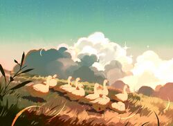  animal bird cloud commentary duck english_commentary grass jauni_(tofublock) no_humans original outdoors scenery sky 