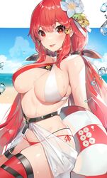  akizone asymmetrical_legwear bare_shoulders beach bikini black_ribbon blush breasts choker covered_nipples female flower genderswap_(mtf) hair_flower hair_ornament hair_ribbon halterneck highres large_breasts long_hair o-ring o-ring_top outdoors red_bikini red_eyes red_hair red_legwear ribbon rule_63 sanada_clan_(emblem) sanada_yukimura solo swimsuit thighhighs tongue tongue_out uneven_legwear water water_drop 