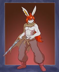  abs anthro biceps bottomwear bullelewds cape cinderace clothing footwear generation_8_pokemon grey_body hair hazby_o&#039;neil hi_res male melee_weapon nintendo notched_ear pants pokemon pokemon_(species) red_eyes red_hair solo sword tattoo weapon 