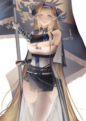  absurdres arknights arm_strap bare_shoulders blonde_hair blue_eyes blue_hairband breasts chains chinese_commentary cleavage commentary cowboy_shot elbow_gloves female flag flagpole gloves hairband highres holding holding_flag horns kingdom_of_victoria_logo large_breasts long_hair looking_at_viewer microskirt parted_lips pointy_ears saileach_(arknights) shirt simple_background skirt solo standard_bearer standing strapless strapless_shirt thighhighs thighs torn_clothes torn_thighhighs very_long_hair white_background white_shirt white_thighhighs zhi_wozi 