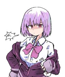  bendy_straw bow breasts closed_mouth collared_shirt commentary_request dress_shirt drinking_straw eyebrows_hidden_by_hair female gridman_universe highres holding jacket juice_box kujou_karasuma long_sleeves looking_at_viewer medium_breasts off_shoulder open_clothes open_jacket pink_bow pink_hair purple_jacket red_eyes shaded_face shinjou_akane shirt short_hair simple_background sleeves_past_wrists solo ssss.gridman upper_body v-shaped_eyebrows white_background white_shirt 