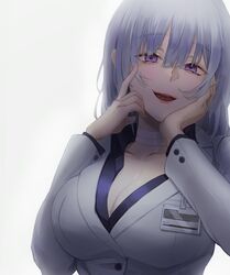  bad_id bad_pixiv_id bandaged_neck bandages black_shirt breasts business_suit cleavage collarbone commentary dano english_commentary female formal girls&#039;_frontline grey_hair hand_in_own_hair hand_on_own_cheek hand_on_own_face highres large_breasts lips looking_at_viewer medium_hair official_alternate_costume open_mouth purple_eyes rpk-16_(girls&#039;_frontline) rpk-16_(renate)_(girls&#039;_frontline) shirt smile solo_focus suit white_background white_suit 