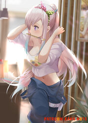  airani_iofifteen airani_iofifteen_(1st_costume) arms_up artist_name backlighting blue_hair blush bow breasts ceiling_light feet_out_of_frame female gradient_hair hairbow hololive hololive_indonesia indoors long_hair looking_away looking_to_the_side md5_mismatch medium_breasts mouth_hold mujinbensin multicolored_hair navel off-shoulder_shirt off_shoulder overalls overalls_pull paintbrush pink_hair polka_dot ponytail pouch print_shirt profile purple_eyes resolution_mismatch shirt sidelocks solo source_smaller striped thigh_pouch thigh_strap virtual_youtuber white_shirt 