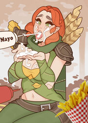  abs armor arms_at_sides arrow_(projectile) asymmetrical_armor bad_link bandaged_arm bandages belt breasts brown_armor brown_belt bush cardigan cardigan_vest cleavage commentary cowboy_shot crop_top cupping_hands dota_(series) dota_2 dripping eyelashes feathers female food food_on_body food_on_breasts food_on_face forest french_fries green_cardigan green_eyes green_leggings green_pupils green_scarf hands_up highres holding holding_food ketchup_bottle large_breasts leggings lips looking_at_object mayonnaise medium_hair nature navel nose nostrils open_mouth orange_hair outdoors own_hands_together palms parted_hair pauldrons scarf sexually_suggestive shirt shoulder_armor sidelocks simulated_facial solo splashbrush stitches suggestive_fluid swept_bangs taut_clothes taut_shirt thick_eyebrows tongue tree windranger_(dota) yellow_shirt 