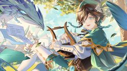  1boy absurdres androgynous beret black_hair blue_hair blurry blurry_foreground bow braid brooch cape cloud cloudy_sky collared_cape collared_shirt corset dappled_sunlight day diamond_(shape) dvalin_(genshin_impact) envelope falling_leaves feathers flower frilled_sleeves frills from_side gem genshin_impact gradient_hair green_cape green_eyes green_headwear green_shorts hair_flower hair_ornament hat highres holding holding_instrument instrument jewelry leaf long_sleeves looking_at_viewer lyre male_focus mondstadt_city multicolored_hair open_mouth outdoors pantyhose paper sainome_(imveryfinethx) shirt short_hair_with_long_locks shorts side_braids sidelocks sitting sky smile sunlight tree twin_braids venti_(genshin_impact) vision_(genshin_impact) white_flower white_pantyhose white_shirt windmill 