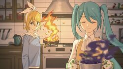  2girls apron aqua_hair bad_food blonde_hair blue_eyes blue_hoodie bottle bow closed_eyes commentary cooking_pot counter explosion fire frying_pan hair_between_eyes hairbow hatsune_miku holding holding_cooking_pot hood hoodie indoors kagamine_rin kitchen kitchen_hood kitchen_knife knife multiple_girls nervous oven_mitts shelf smile smoke stove sweatdrop swept_bangs toaster turn_pale twintails vocaloid wounds404 