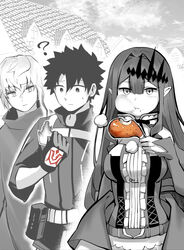  2boys ? bad_id bad_pixiv_id baobhan_sith_(fate) baobhan_sith_(first_ascension)_(fate) burnt chicken_(food) chicken_leg command_spell eating fate/grand_order fate_(series) female food fujimaru_ritsuka_(male) fujimaru_ritsuka_(male)_(polar_chaldea_uniform) full_mouth gloves greyscale highres hirunagi kadoc_zemlupus long_hair monochrome multiple_boys pointy_ears spot_color uniform 