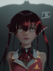  arms_behind_back ascot breasts chmyxo commentary crossover english_commentary eyebrows_hidden_by_hair female greater_dog highres hololive horrified houshou_marine houshou_marine_(1st_costume) long_hair looking_up medium_breasts red_ascot red_eyes red_hair shadow solo speech_bubble translated twintails undertale upper_body virtual_youtuber wide-eyed 