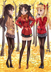  3girls alternate_costume asle beige_jacket black_pantyhose black_skirt black_thighhighs blonde_hair blue_eyes blush breasts brown_hair ereshkigal_(fate) fate/grand_order fate/stay_night fate_(series) grey_skirt hair_ribbon ishtar_(fate) jacket long_hair long_sleeves looking_at_viewer medium_breasts multiple_girls open_mouth pantyhose parted_bangs red_eyes red_jacket ribbon scarf siblings sisters skirt smile thighhighs tiara tohsaka_rin two_side_up 